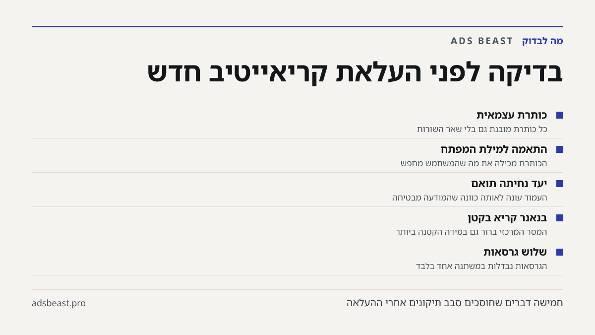 בדיקה לפני העלאת קריאייטיב חדש. כותרת עצמאית: כל כותרת מובנת גם בלי שאר השורות; התאמה למילת המפתח: הכותרת מכילה את מה שהמשתמש מחפש; יעד נחיתה תואם: העמוד עונה לאותה כוונה שהמודעה מבטיחה; בנאנר קריא בקטן: המסר המרכזי ברור גם במידה הקטנה ביותר; שלוש גרסאות: הגרסאות נבדלות במשתנה אחד בלבד