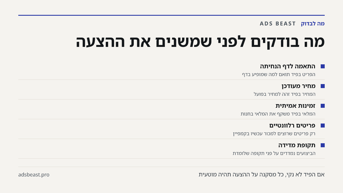 מה בודקים לפני שמשנים את ההצעה. התאמה לדף הנחיתה: הפריט בפיד תואם למה שמופיע בדף; מחיר מעודכן: המחיר בפיד זהה למחיר בפועל; זמינות אמיתית: המלאי בפיד משקף את המלאי בחנות; פריטים רלוונטיים: רק פריטים שרוצים למכור עכשיו בקמפיין; תקופת מדידה: הביצועים נמדדים על פני תקופה שלומדת