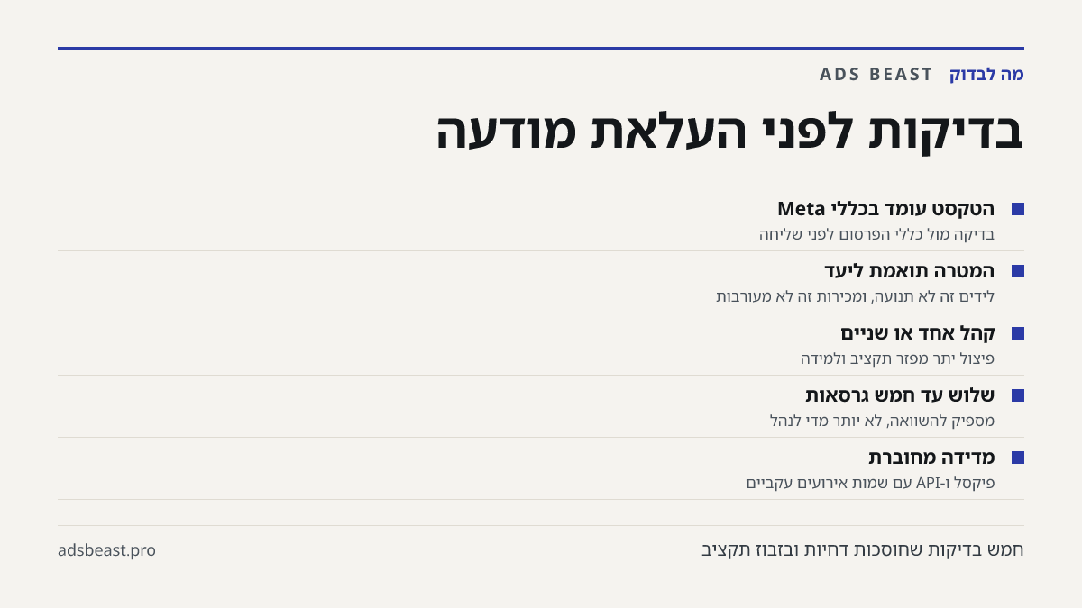 בדיקות לפני העלאת מודעה. הטקסט עומד בכללי Meta: בדיקה מול כללי הפרסום לפני שליחה; המטרה תואמת ליעד: לידים זה לא תנועה, ומכירות זה לא מעורבות; קהל אחד או שניים: פיצול יתר מפזר תקציב ולמידה; שלוש עד חמש גרסאות: מספיק להשוואה, לא יותר מדי לנהל; מדידה מחוברת: פיקסל ו-API עם שמות אירועים עקביים