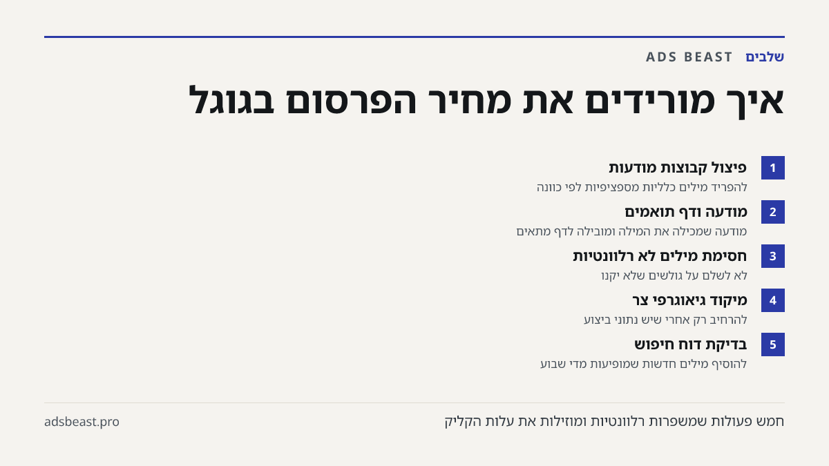 איך מורידים את מחיר הפרסום בגוגל. פיצול קבוצות מודעות: להפריד מילים כלליות מספציפיות לפי כוונה; מודעה ודף תואמים: מודעה שמכילה את המילה ומובילה לדף מתאים; חסימת מילים לא רלוונטיות: לא לשלם על גולשים שלא יקנו; מיקוד גיאוגרפי צר: להרחיב רק אחרי שיש נתוני ביצוע; בדיקת דוח חיפוש: להוסיף מילים חדשות שמופ