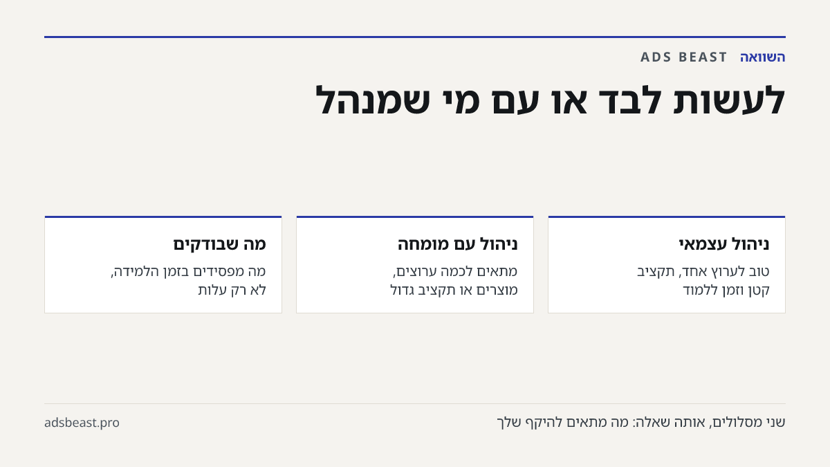 לעשות לבד או עם מי שמנהל. ניהול עצמאי: טוב לערוץ אחד, תקציב קטן וזמן ללמוד; ניהול עם מומחה: מתאים לכמה ערוצים, מוצרים או תקציב גדול; מה שבודקים: מה מפסידים בזמן הלמידה, לא רק עלות