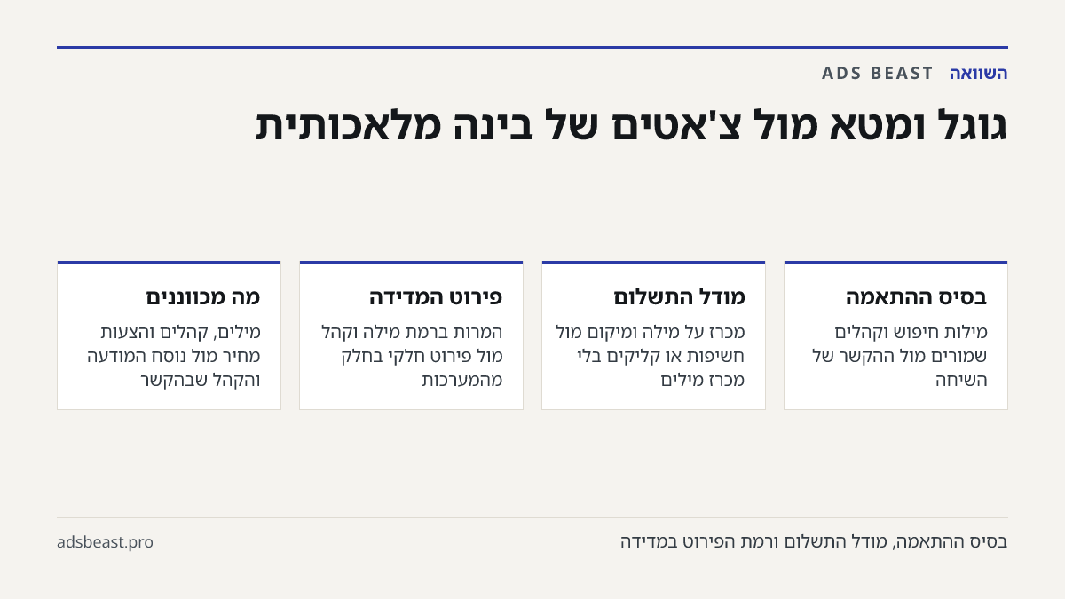 גוגל ומטא מול צ'אטים של בינה מלאכותית. בסיס ההתאמה: מילות חיפוש וקהלים שמורים מול ההקשר של השיחה; מודל התשלום: מכרז על מילה ומיקום מול חשיפות או קליקים בלי מכרז מילים; פירוט המדידה: המרות ברמת מילה וקהל מול פירוט חלקי בחלק מהמערכות; מה מכווננים: מילים, קהלים והצעות מחיר מול נוסח המודעה והקהל שבהקשר