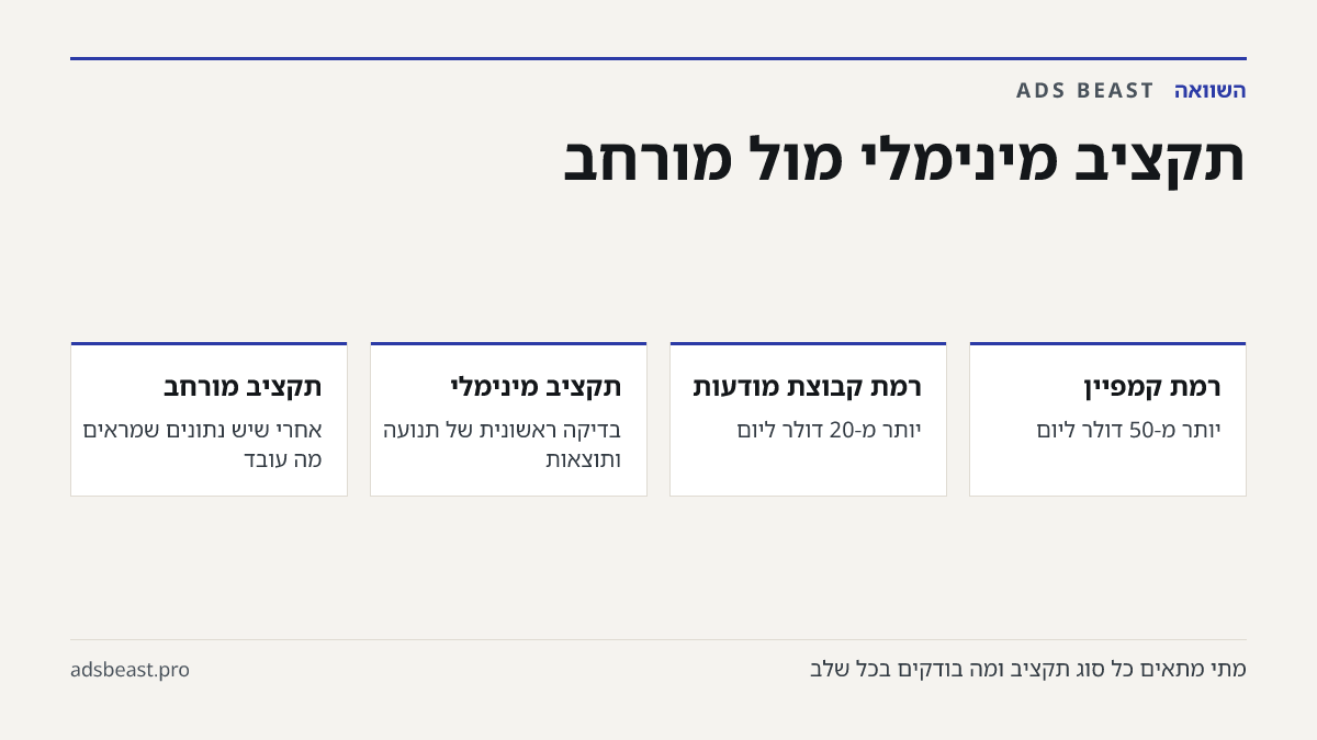 תקציב מינימלי מול מורחב. רמת קמפיין: יותר מ-50 דולר ליום; רמת קבוצת מודעות: יותר מ-20 דולר ליום; תקציב מינימלי: בדיקה ראשונית של תנועה ותוצאות; תקציב מורחב: אחרי שיש נתונים שמראים מה עובד