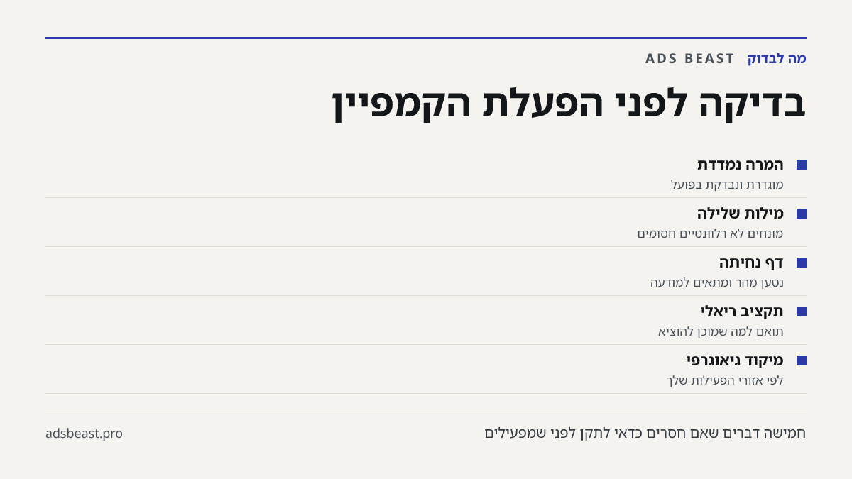 בדיקה לפני הפעלת הקמפיין. המרה נמדדת: מוגדרת ונבדקת בפועל; מילות שלילה: מונחים לא רלוונטיים חסומים; דף נחיתה: נטען מהר ומתאים למודעה; תקציב ריאלי: תואם למה שמוכן להוציא; מיקוד גיאוגרפי: לפי אזורי הפעילות שלך