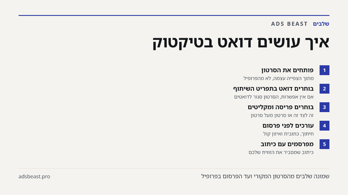 איך עושים דואט בטיקטוק. פותחים את הסרטון: מתוך הצפייה עצמה, לא מהפרופיל; בוחרים דואט בתפריט השיתוף: אם אין אפשרות, הסרטון סגור לדואטים; בוחרים פריסה ומקליטים: זה לצד זה או סרטון מעל סרטון; עורכים לפני פרסום: חיתוך, כתובית ואיזון קול; מפרסמים עם כיתוב: כיתוב שמסביר את הזווית שלכם
