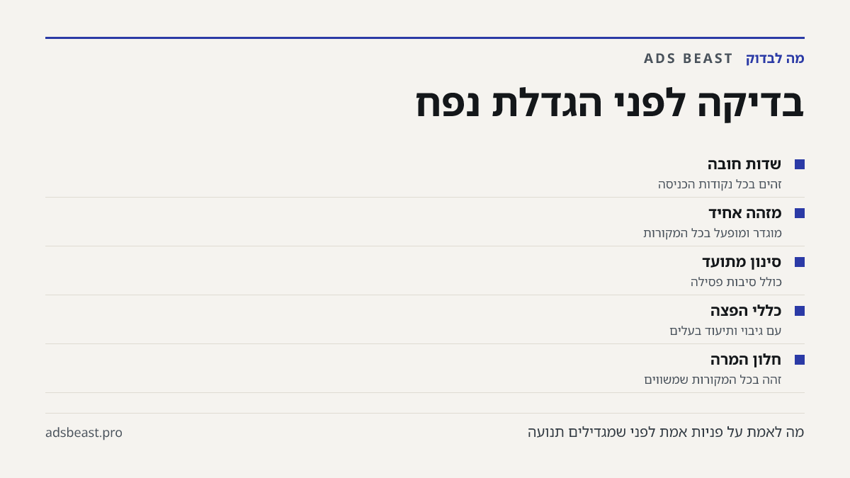 בדיקה לפני הגדלת נפח. שדות חובה: זהים בכל נקודות הכניסה; מזהה אחיד: מוגדר ומופעל בכל המקורות; סינון מתועד: כולל סיבות פסילה; כללי הפצה: עם גיבוי ותיעוד בעלים; חלון המרה: זהה בכל המקורות שמשווים
