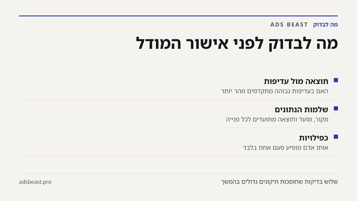 מה לבדוק לפני אישור המודל. תוצאה מול עדיפות: האם בעדיפות גבוהה מתקדמים מהר יותר; שלמות הנתונים: מקור, מועד ותוצאה מתועדים לכל פנייה; כפילויות: אותו אדם מופיע פעם אחת בלבד