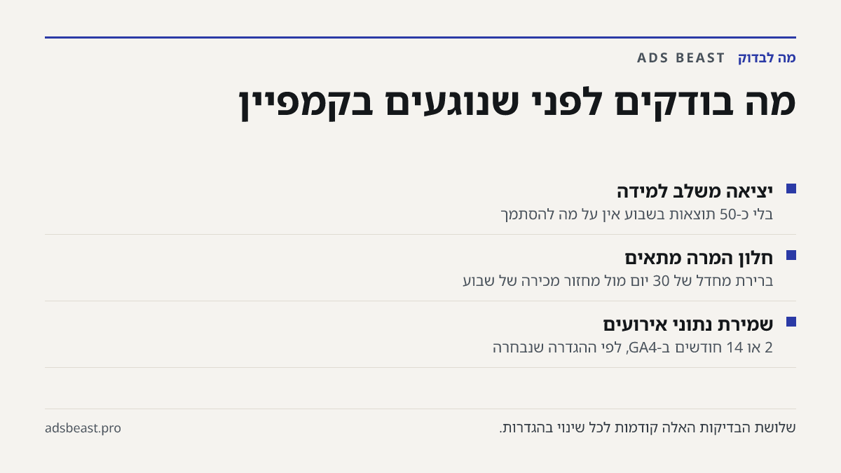 מה בודקים לפני שנוגעים בקמפיין. יציאה משלב למידה: בלי כ-50 תוצאות בשבוע אין על מה להסתמך; חלון המרה מתאים: ברירת מחדל של 30 יום מול מחזור מכירה של שבוע; שמירת נתוני אירועים: 2 או 14 חודשים ב-GA4, לפי ההגדרה שנבחרה