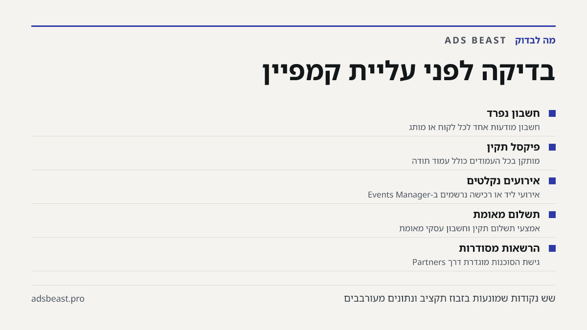 בדיקה לפני עליית קמפיין. חשבון נפרד: חשבון מודעות אחד לכל לקוח או מותג; פיקסל תקין: מותקן בכל העמודים כולל עמוד תודה; אירועים נקלטים: אירועי ליד או רכישה נרשמים ב-Events Manager; תשלום מאומת: אמצעי תשלום תקין וחשבון עסקי מאומת; הרשאות מסודרות: גישת הסוכנות מוגדרת דרך Partners