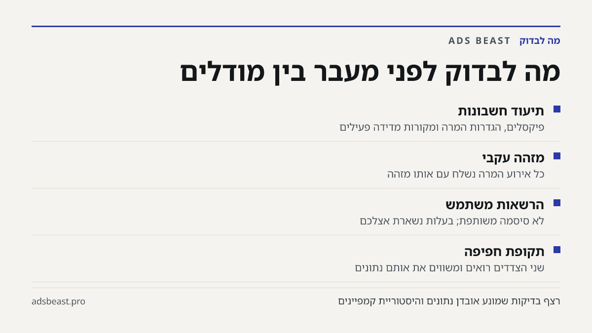 מה לבדוק לפני מעבר בין מודלים. תיעוד חשבונות: פיקסלים, הגדרות המרה ומקורות מדידה פעילים; מזהה עקבי: כל אירוע המרה נשלח עם אותו מזהה; הרשאות משתמש: לא סיסמה משותפת; בעלות נשארת אצלכם; תקופת חפיפה: שני הצדדים רואים ומשווים את אותם נתונים