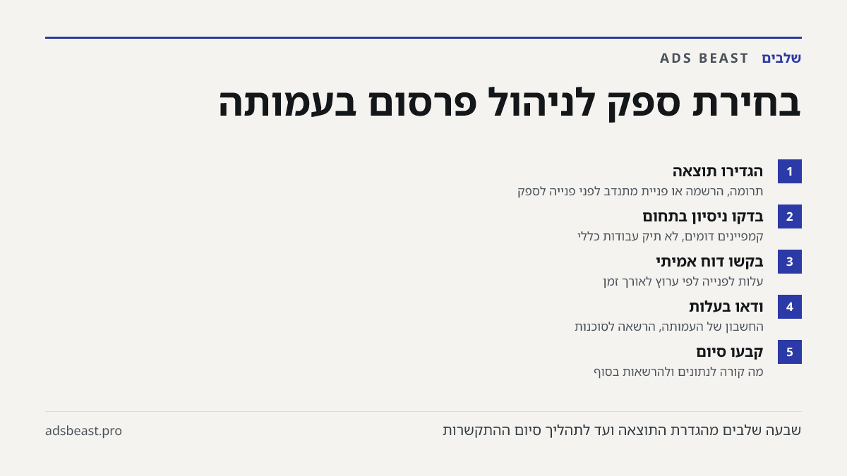 בחירת ספק לניהול פרסום בעמותה. הגדירו תוצאה: תרומה, הרשמה או פניית מתנדב לפני פנייה לספק; בדקו ניסיון בתחום: קמפיינים דומים, לא תיק עבודות כללי; בקשו דוח אמיתי: עלות לפנייה לפי ערוץ לאורך זמן; ודאו בעלות: החשבון של העמותה, הרשאה לסוכנות; קבעו סיום: מה קורה לנתונים ולהרשאות בסוף