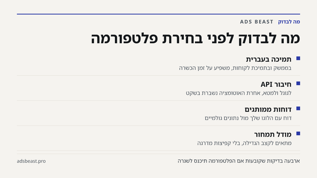 מה לבדוק לפני בחירת פלטפורמה. תמיכה בעברית: בממשק ובתמיכת לקוחות, משפיע על זמן הכשרה; חיבור API: לגוגל ולמטא, אחרת האוטומציה נשברת בשקט; דוחות ממותגים: דוח עם הלוגו שלך מול נתונים גולמיים; מודל תמחור: מתאים לקצב הגדילה, בלי קפיצות מדרגה