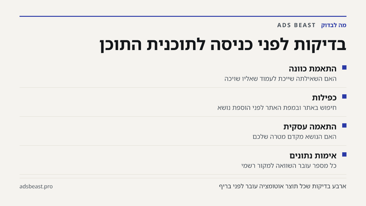 בדיקות לפני כניסה לתוכנית התוכן. התאמת כוונה: האם השאילתה שייכת לעמוד שאליו שויכה; כפילות: חיפוש באתר ובמפת האתר לפני הוספת נושא; התאמה עסקית: האם הנושא מקדם מטרה שלכם; אימות נתונים: כל מספר עובר השוואה למקור רשמי