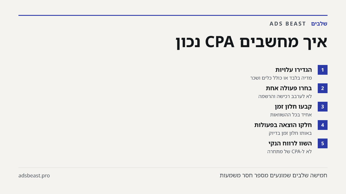 איך מחשבים CPA נכון. הגדירו עלויות: מדיה בלבד או כולל כלים ושכר; בחרו פעולה אחת: לא לערבב רכישה והרשמה; קבעו חלון זמן: אחיד בכל ההשוואות; חלקו הוצאה בפעולות: באותו חלון זמן בדיוק; השוו לרווח הנקי: לא ל-CPA של מתחרה