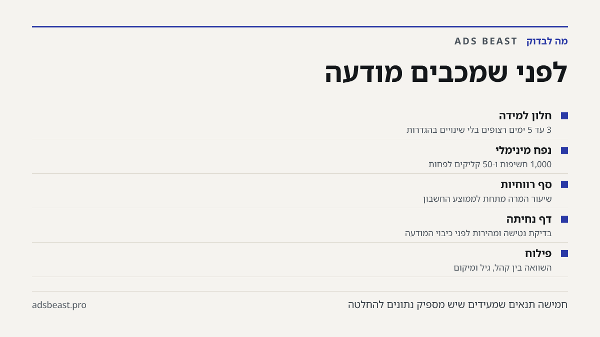 לפני שמכבים מודעה. חלון למידה: 3 עד 5 ימים רצופים בלי שינויים בהגדרות; נפח מינימלי: 1,000 חשיפות ו-50 קליקים לפחות; סף רווחיות: שיעור המרה מתחת לממוצע החשבון; דף נחיתה: בדיקת נטישה ומהירות לפני כיבוי המודעה; פילוח: השוואה בין קהל, גיל ומיקום