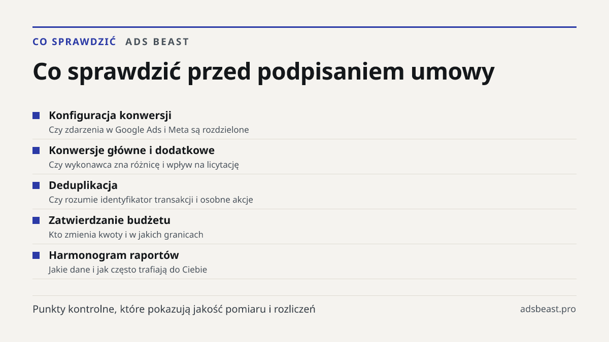 Co sprawdzić przed podpisaniem umowy. Konfiguracja konwersji: Czy zdarzenia w Google Ads i Meta są rozdzielone; Konwersje główne i dodatkowe: Czy wykonawca zna różnicę i wpływ na licytację; Deduplikacja: Czy rozumie identyfikator transakcji i osobne akcje; Zatwierdzanie budżetu: Kto zmienia kwoty i 