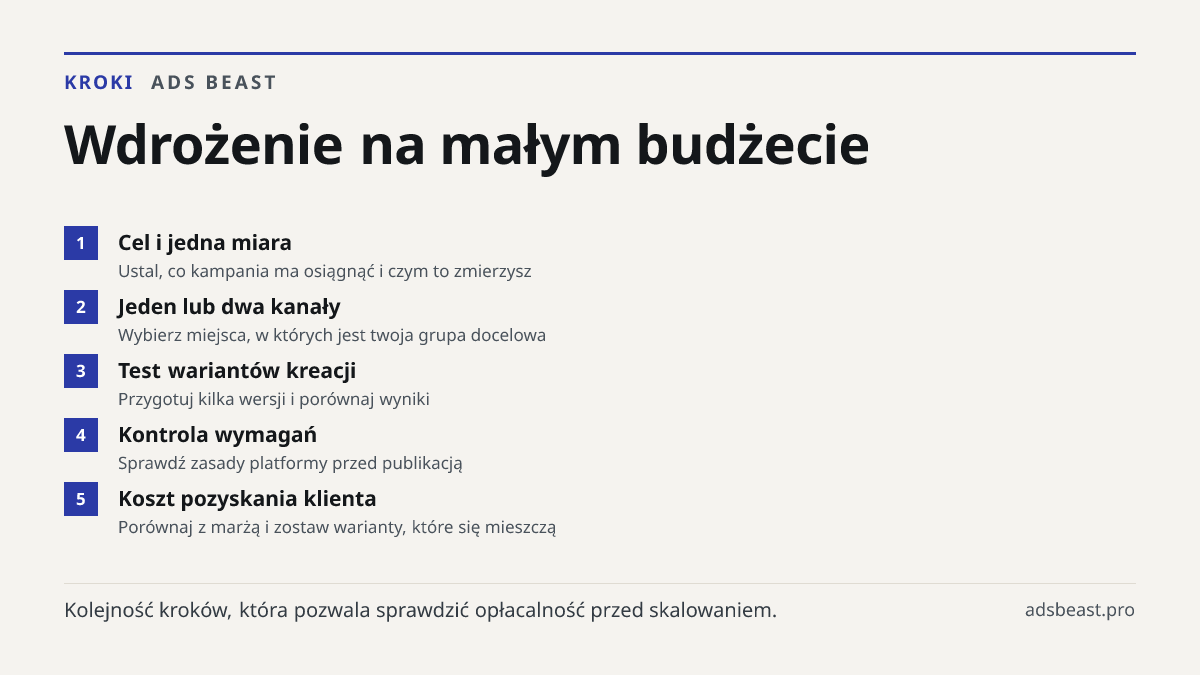 Wdrożenie na małym budżecie. Cel i jedna miara: Ustal, co kampania ma osiągnąć i czym to zmierzysz; Jeden lub dwa kanały: Wybierz miejsca, w których jest twoja grupa docelowa; Test wariantów kreacji: Przygotuj kilka wersji i porównaj wyniki; Kontrola wymagań: Sprawdź zasady platformy przed publikacj