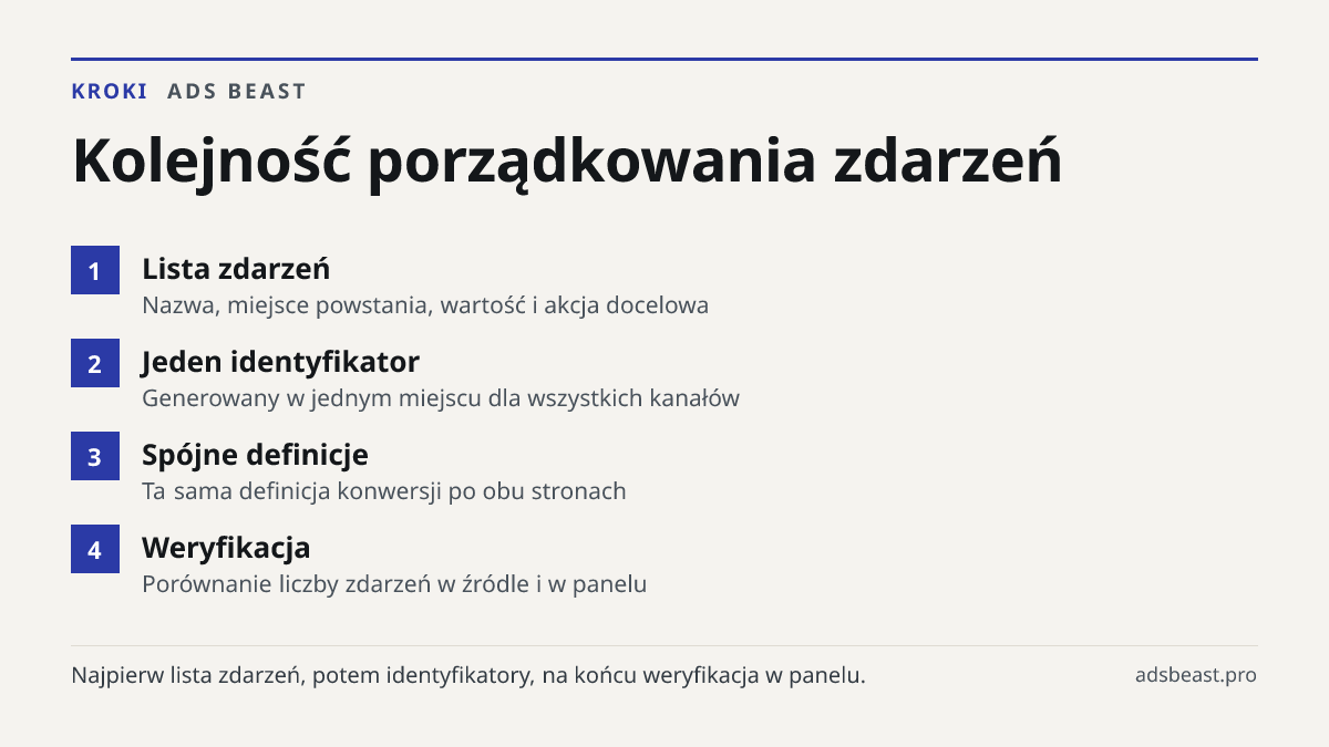 Kolejność porządkowania zdarzeń. Lista zdarzeń: Nazwa, miejsce powstania, wartość i akcja docelowa; Jeden identyfikator: Generowany w jednym miejscu dla wszystkich kanałów; Spójne definicje: Ta sama definicja konwersji po obu stronach; Weryfikacja: Porównanie liczby zdarzeń w źródle i w panelu