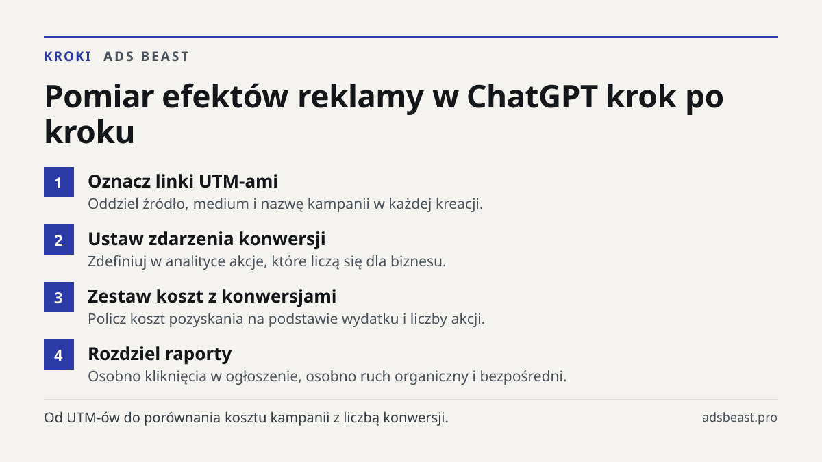 Pomiar efektów reklamy w ChatGPT krok po kroku. Oznacz linki UTM-ami: Oddziel źródło, medium i nazwę kampanii w każdej kreacji.; Ustaw zdarzenia konwersji: Zdefiniuj w analityce akcje, które liczą się dla biznesu.; Zestaw koszt z konwersjami: Policz koszt pozyskania na podstawie wydatku i liczby akc