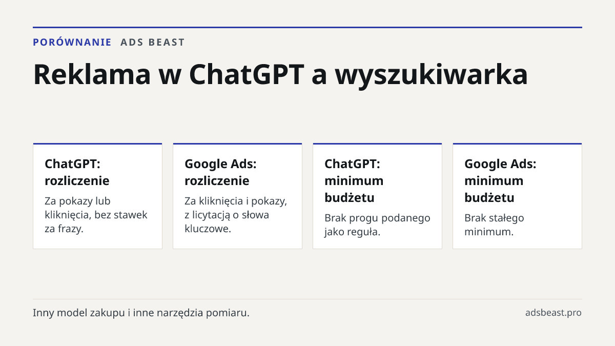 Reklama w ChatGPT a wyszukiwarka. ChatGPT: rozliczenie: Za pokazy lub kliknięcia, bez stawek za frazy.; Google Ads: rozliczenie: Za kliknięcia i pokazy, z licytacją o słowa kluczowe.; ChatGPT: minimum budżetu: Brak progu podanego jako reguła.; Google Ads: minimum budżetu: Brak stałego minimum.