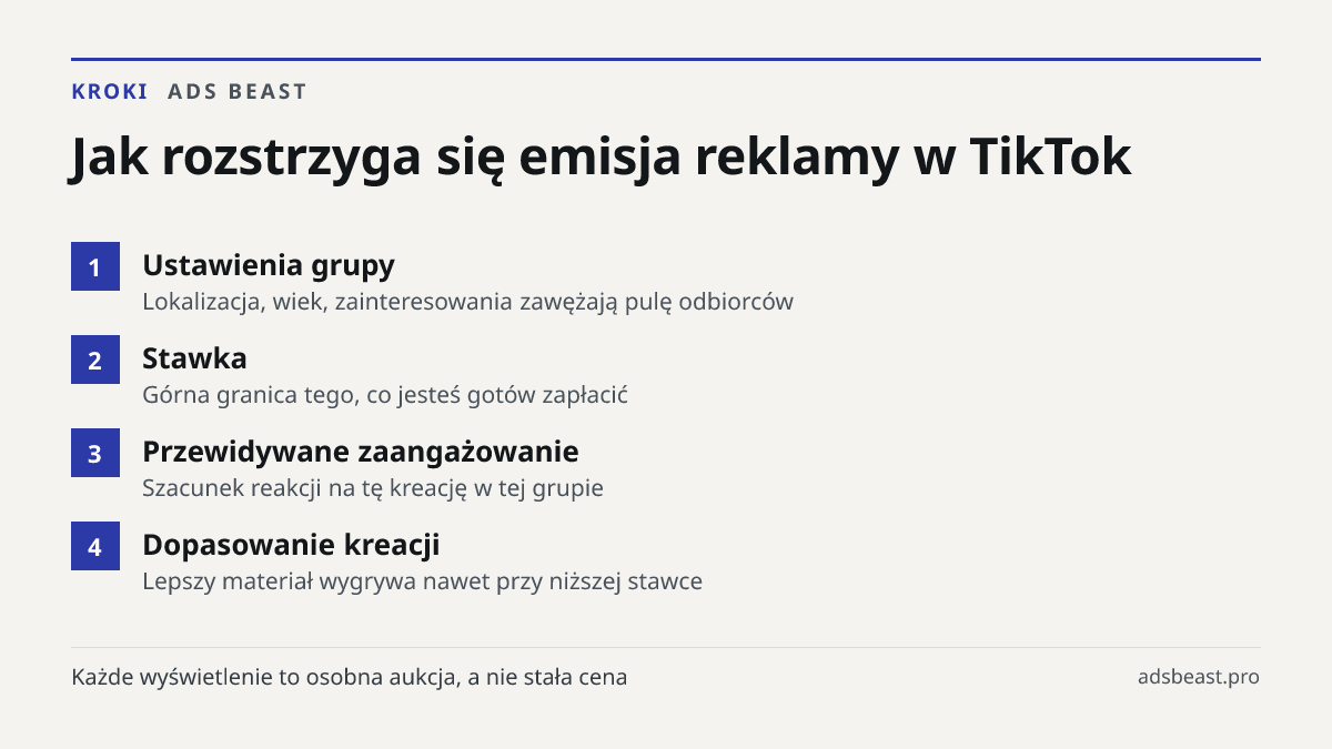 Jak rozstrzyga się emisja reklamy w TikTok. Ustawienia grupy: Lokalizacja, wiek, zainteresowania zawężają pulę odbiorców; Stawka: Górna granica tego, co jesteś gotów zapłacić; Przewidywane zaangażowanie: Szacunek reakcji na tę kreację w tej grupie; Dopasowanie kreacji: Lepszy materiał wygrywa nawet 