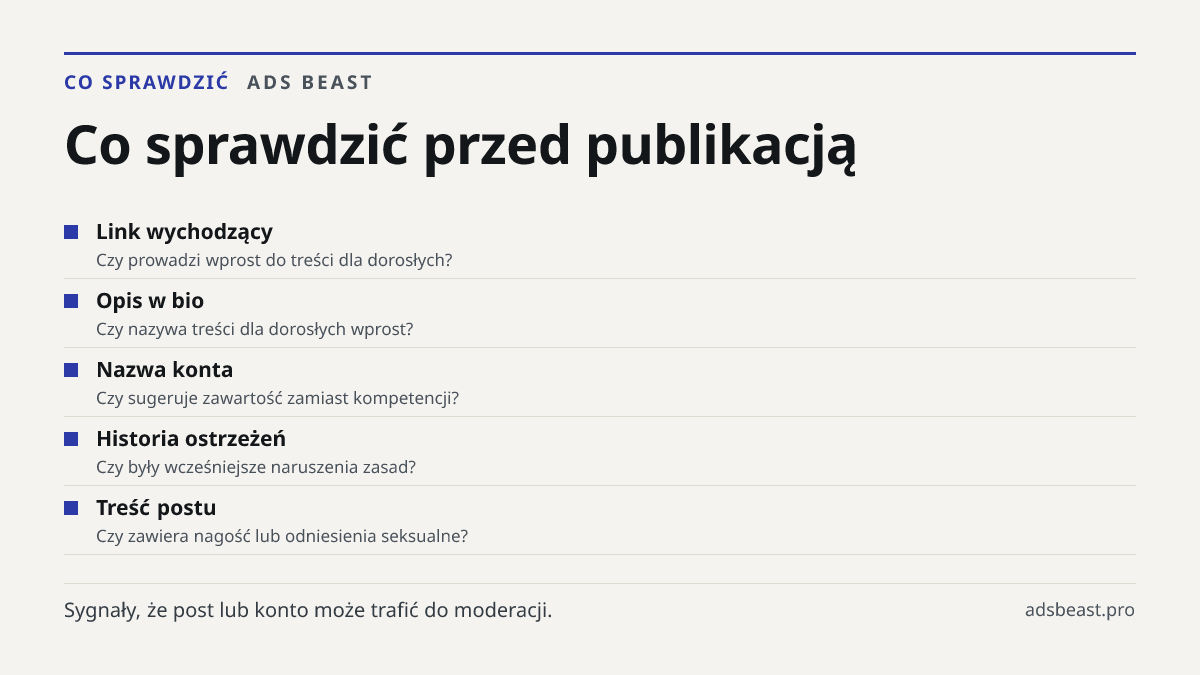 Co sprawdzić przed publikacją. Link wychodzący: Czy prowadzi wprost do treści dla dorosłych?; Opis w bio: Czy nazywa treści dla dorosłych wprost?; Nazwa konta: Czy sugeruje zawartość zamiast kompetencji?; Historia ostrzeżeń: Czy były wcześniejsze naruszenia zasad?; Treść postu: Czy zawiera nagość lu