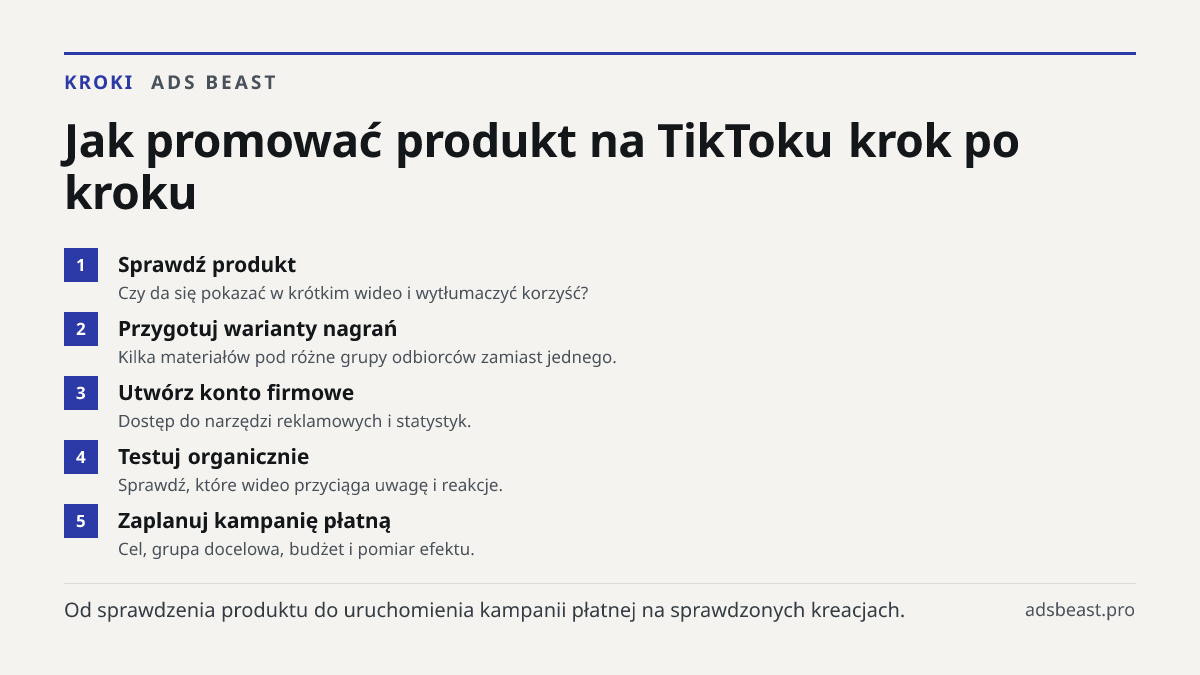 Jak promować produkt na TikToku krok po kroku. Sprawdź produkt: Czy da się pokazać w krótkim wideo i wytłumaczyć korzyść?; Przygotuj warianty nagrań: Kilka materiałów pod różne grupy odbiorców zamiast jednego.; Utwórz konto firmowe: Dostęp do narzędzi reklamowych i statystyk.; Testuj organicznie: Sp