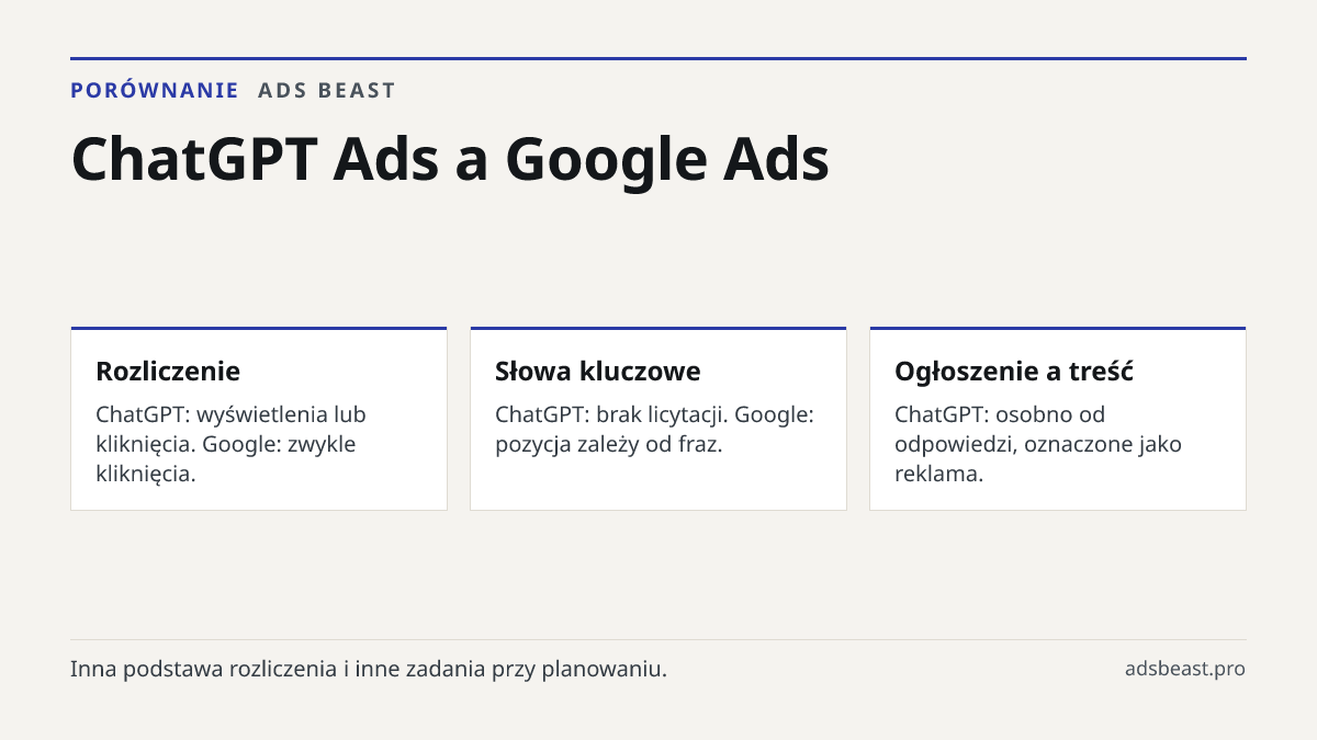 ChatGPT Ads a Google Ads. Rozliczenie: ChatGPT: wyświetlenia lub kliknięcia. Google: zwykle kliknięcia.; Słowa kluczowe: ChatGPT: brak licytacji. Google: pozycja zależy od fraz.; Ogłoszenie a treść: ChatGPT: osobno od odpowiedzi, oznaczone jako reklama.