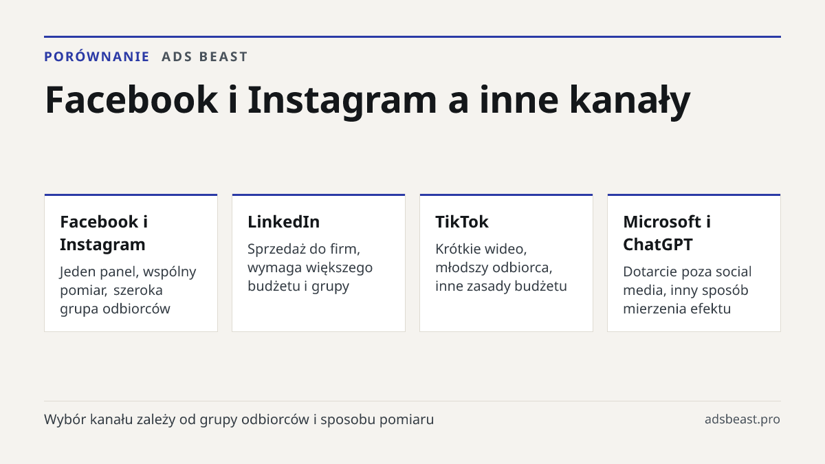 Facebook i Instagram a inne kanały. Facebook i Instagram: Jeden panel, wspólny pomiar, szeroka grupa odbiorców; LinkedIn: Sprzedaż do firm, wymaga większego budżetu i grupy; TikTok: Krótkie wideo, młodszy odbiorca, inne zasady budżetu; Microsoft i ChatGPT: Dotarcie poza social media, inny sposób mie