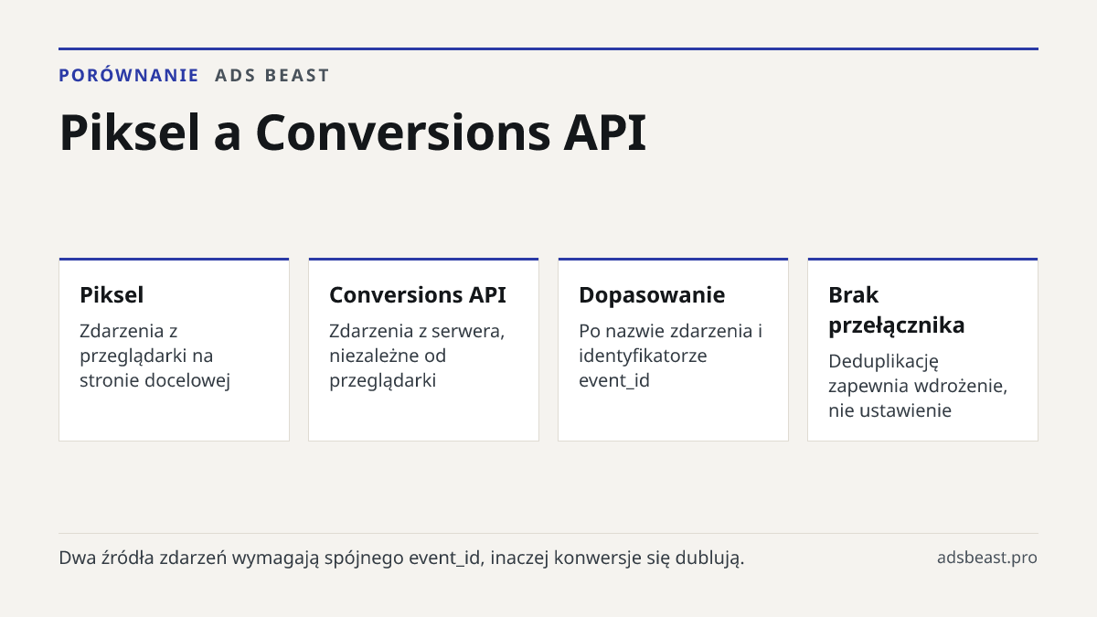 Piksel a Conversions API. Piksel: Zdarzenia z przeglądarki na stronie docelowej; Conversions API: Zdarzenia z serwera, niezależne od przeglądarki; Dopasowanie: Po nazwie zdarzenia i identyfikatorze event_id; Brak przełącznika: Deduplikację zapewnia wdrożenie, nie ustawienie