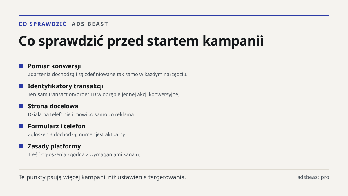 Co sprawdzić przed startem kampanii. Pomiar konwersji: Zdarzenia dochodzą i są zdefiniowane tak samo w każdym narzędziu.; Identyfikatory transakcji: Ten sam transaction/order ID w obrębie jednej akcji konwersyjnej.; Strona docelowa: Działa na telefonie i mówi to samo co reklama.; Formularz i telefon