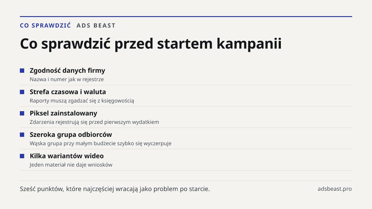 Co sprawdzić przed startem kampanii. Zgodność danych firmy: Nazwa i numer jak w rejestrze; Strefa czasowa i waluta: Raporty muszą zgadzać się z księgowością; Piksel zainstalowany: Zdarzenia rejestrują się przed pierwszym wydatkiem; Szeroka grupa odbiorców: Wąska grupa przy małym budżecie szybko się 