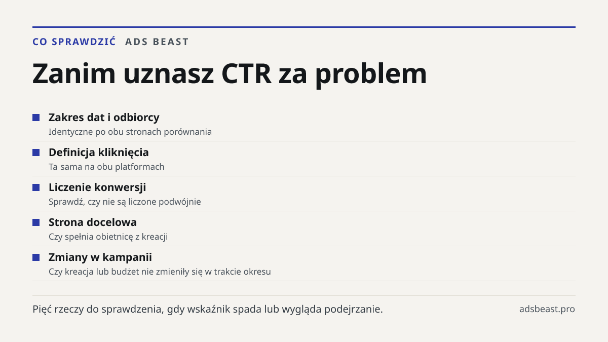 Zanim uznasz CTR za problem. Zakres dat i odbiorcy: Identyczne po obu stronach porównania; Definicja kliknięcia: Ta sama na obu platformach; Liczenie konwersji: Sprawdź, czy nie są liczone podwójnie; Strona docelowa: Czy spełnia obietnicę z kreacji; Zmiany w kampanii: Czy kreacja lub budżet nie zmie