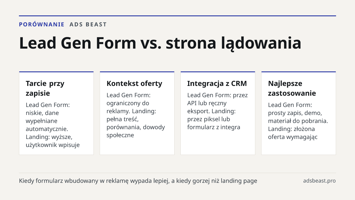 Lead Gen Form vs. strona lądowania. Tarcie przy zapisie: Lead Gen Form: niskie, dane wypełniane automatycznie. Landing: wyższe, użytkownik wpisuje; Kontekst oferty: Lead Gen Form: ograniczony do reklamy. Landing: pełna treść, porównania, dowody społeczne; Integracja z CRM: Lead Gen Form: przez API l