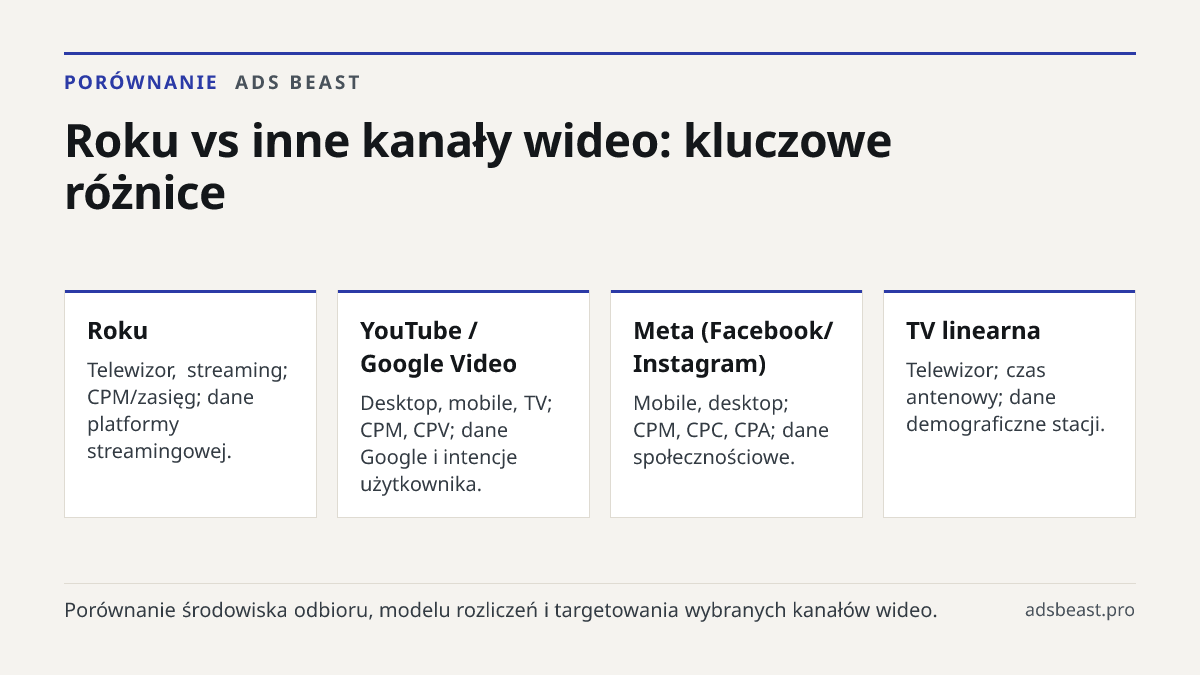 Roku vs inne kanały wideo: kluczowe różnice. Roku: Telewizor, streaming; CPM/zasięg; dane platformy streamingowej.; YouTube / Google Video: Desktop, mobile, TV; CPM, CPV; dane Google i intencje użytkownika.; Meta (Facebook/Instagram): Mobile, desktop; CPM, CPC, CPA; dane społecznościowe.; TV linearn