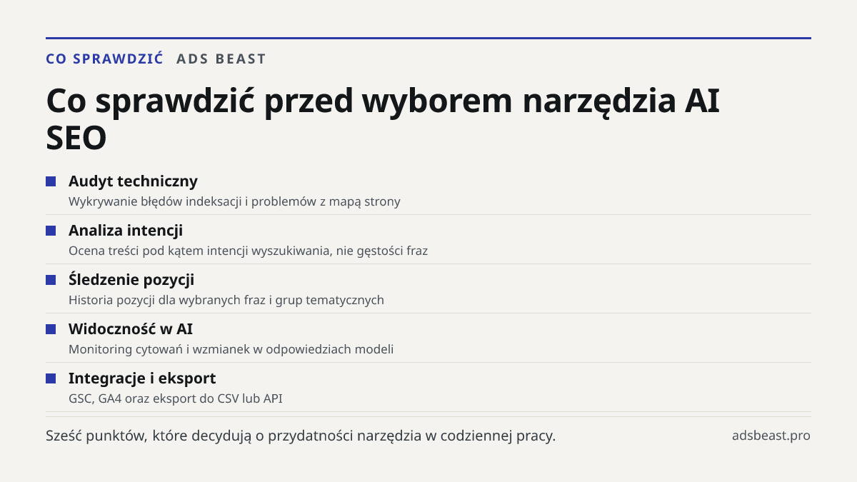 Co sprawdzić przed wyborem narzędzia AI SEO. Audyt techniczny: Wykrywanie błędów indeksacji i problemów z mapą strony; Analiza intencji: Ocena treści pod kątem intencji wyszukiwania, nie gęstości fraz; Śledzenie pozycji: Historia pozycji dla wybranych fraz i grup tematycznych; Widoczność w AI: Monit