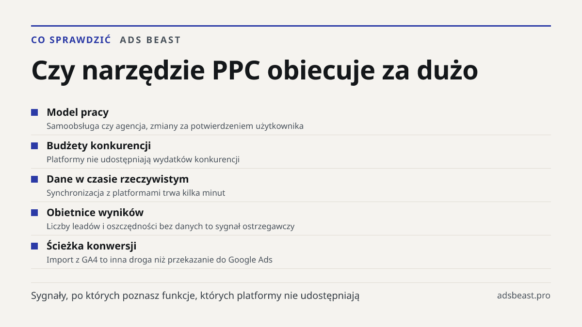 Czy narzędzie PPC obiecuje za dużo. Model pracy: Samoobsługa czy agencja, zmiany za potwierdzeniem użytkownika; Budżety konkurencji: Platformy nie udostępniają wydatków konkurencji; Dane w czasie rzeczywistym: Synchronizacja z platformami trwa kilka minut; Obietnice wyników: Liczby leadów i oszczędn