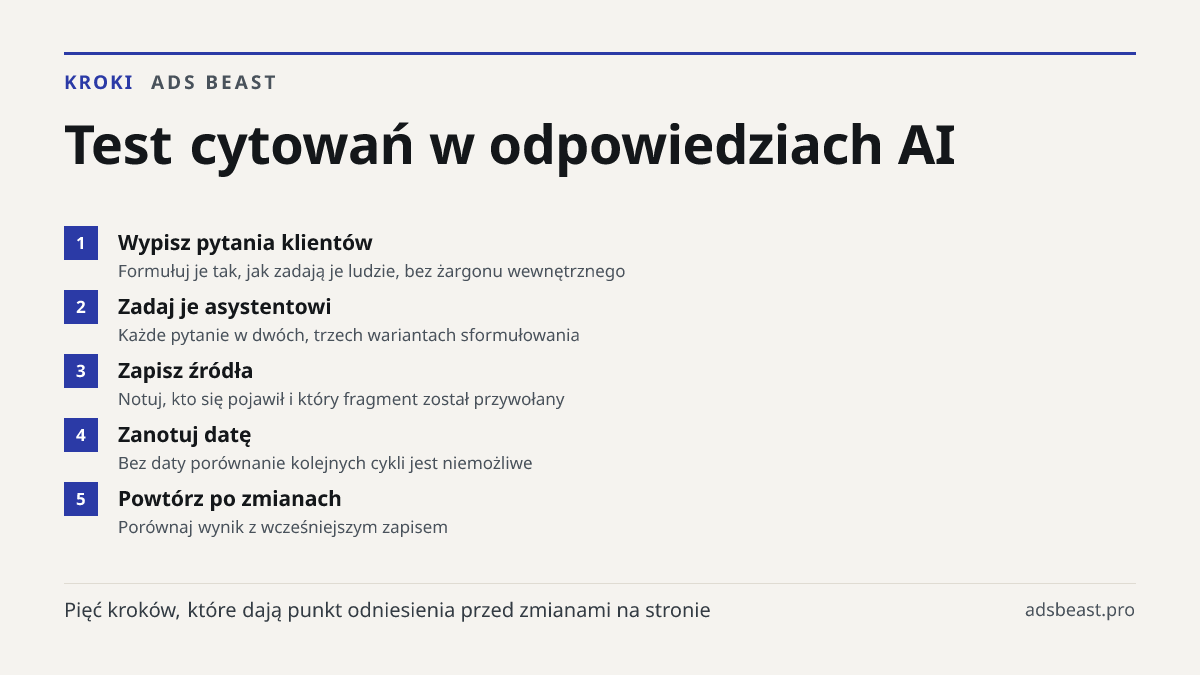 Test cytowań w odpowiedziach AI. Wypisz pytania klientów: Formułuj je tak, jak zadają je ludzie, bez żargonu wewnętrznego; Zadaj je asystentowi: Każde pytanie w dwóch, trzech wariantach sformułowania; Zapisz źródła: Notuj, kto się pojawił i który fragment został przywołany; Zanotuj datę: Bez daty po