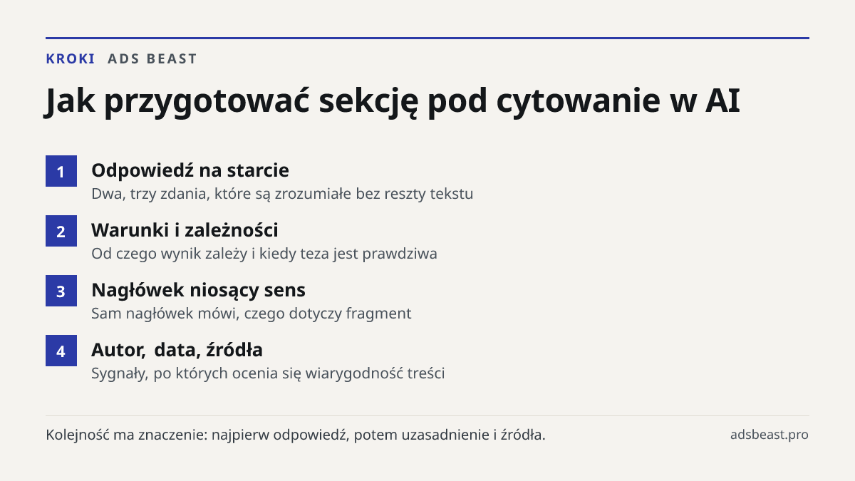 Jak przygotować sekcję pod cytowanie w AI. Odpowiedź na starcie: Dwa, trzy zdania, które są zrozumiałe bez reszty tekstu; Warunki i zależności: Od czego wynik zależy i kiedy teza jest prawdziwa; Nagłówek niosący sens: Sam nagłówek mówi, czego dotyczy fragment; Autor, data, źródła: Sygnały, po któryc