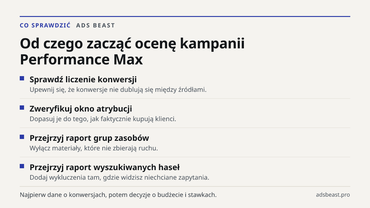 Od czego zacząć ocenę kampanii Performance Max. Sprawdź liczenie konwersji: Upewnij się, że konwersje nie dublują się między źródłami.; Zweryfikuj okno atrybucji: Dopasuj je do tego, jak faktycznie kupują klienci.; Przejrzyj raport grup zasobów: Wyłącz materiały, które nie zbierają ruchu.; Przejrzyj