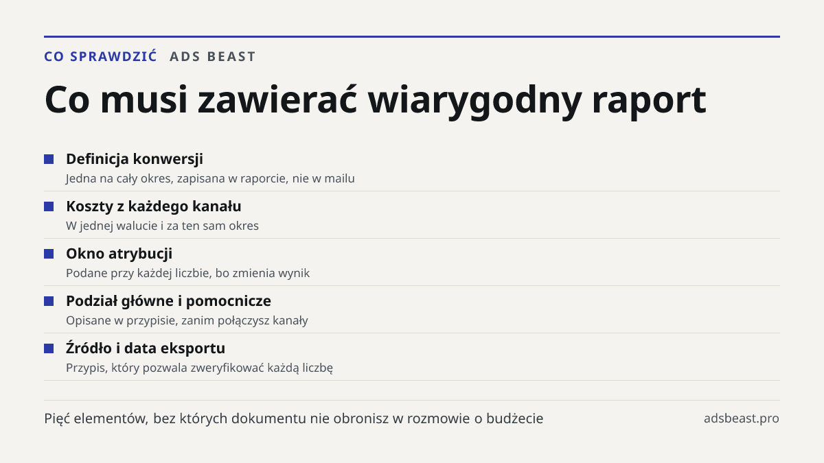 Co musi zawierać wiarygodny raport. Definicja konwersji: Jedna na cały okres, zapisana w raporcie, nie w mailu; Koszty z każdego kanału: W jednej walucie i za ten sam okres; Okno atrybucji: Podane przy każdej liczbie, bo zmienia wynik; Podział główne i pomocnicze: Opisane w przypisie, zanim połączys