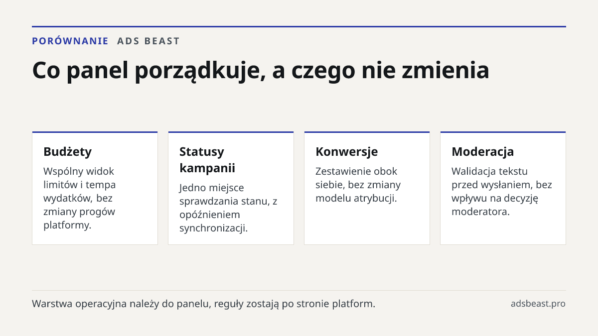 Co panel porządkuje, a czego nie zmienia. Budżety: Wspólny widok limitów i tempa wydatków, bez zmiany progów platformy.; Statusy kampanii: Jedno miejsce sprawdzania stanu, z opóźnieniem synchronizacji.; Konwersje: Zestawienie obok siebie, bez zmiany modelu atrybucji.; Moderacja: Walidacja tekstu prz
