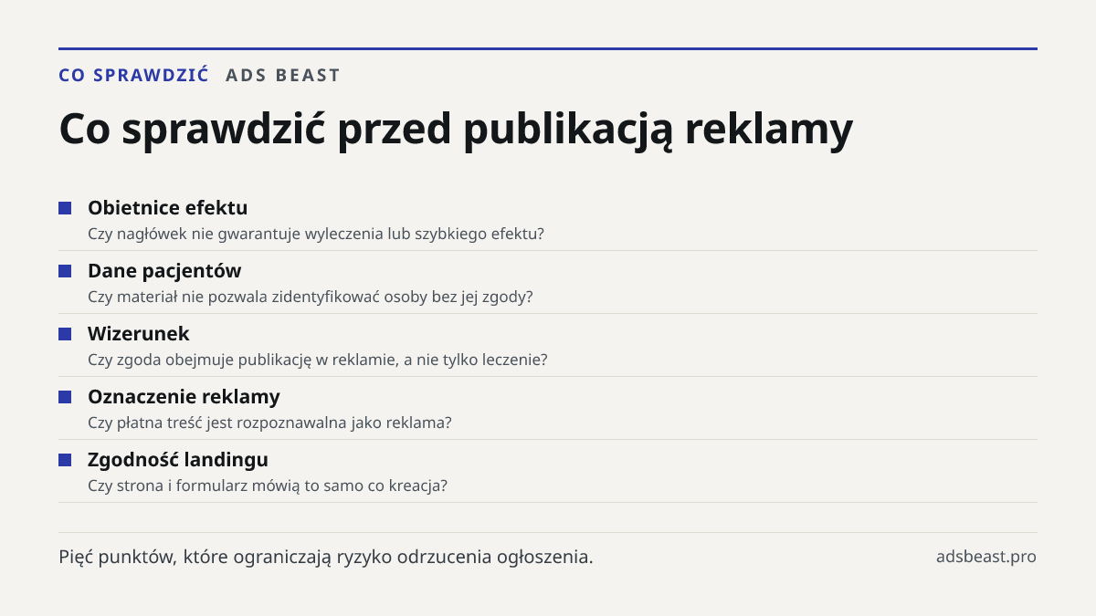 Co sprawdzić przed publikacją reklamy. Obietnice efektu: Czy nagłówek nie gwarantuje wyleczenia lub szybkiego efektu?; Dane pacjentów: Czy materiał nie pozwala zidentyfikować osoby bez jej zgody?; Wizerunek: Czy zgoda obejmuje publikację w reklamie, a nie tylko leczenie?; Oznaczenie reklamy: Czy pła