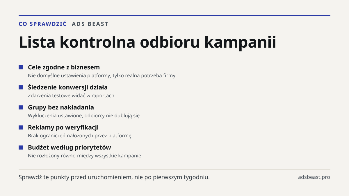 Lista kontrolna odbioru kampanii. Cele zgodne z biznesem: Nie domyślne ustawienia platformy, tylko realna potrzeba firmy; Śledzenie konwersji działa: Zdarzenia testowe widać w raportach; Grupy bez nakładania: Wykluczenia ustawione, odbiorcy nie dublują się; Reklamy po weryfikacji: Brak ograniczeń na