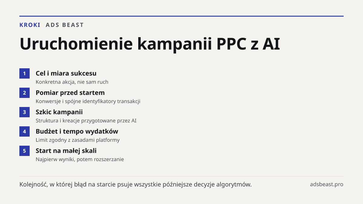 Uruchomienie kampanii PPC z AI. Cel i miara sukcesu: Konkretna akcja, nie sam ruch; Pomiar przed startem: Konwersje i spójne identyfikatory transakcji; Szkic kampanii: Struktura i kreacje przygotowane przez AI; Budżet i tempo wydatków: Limit zgodny z zasadami platformy; Start na małej skali: Najpier