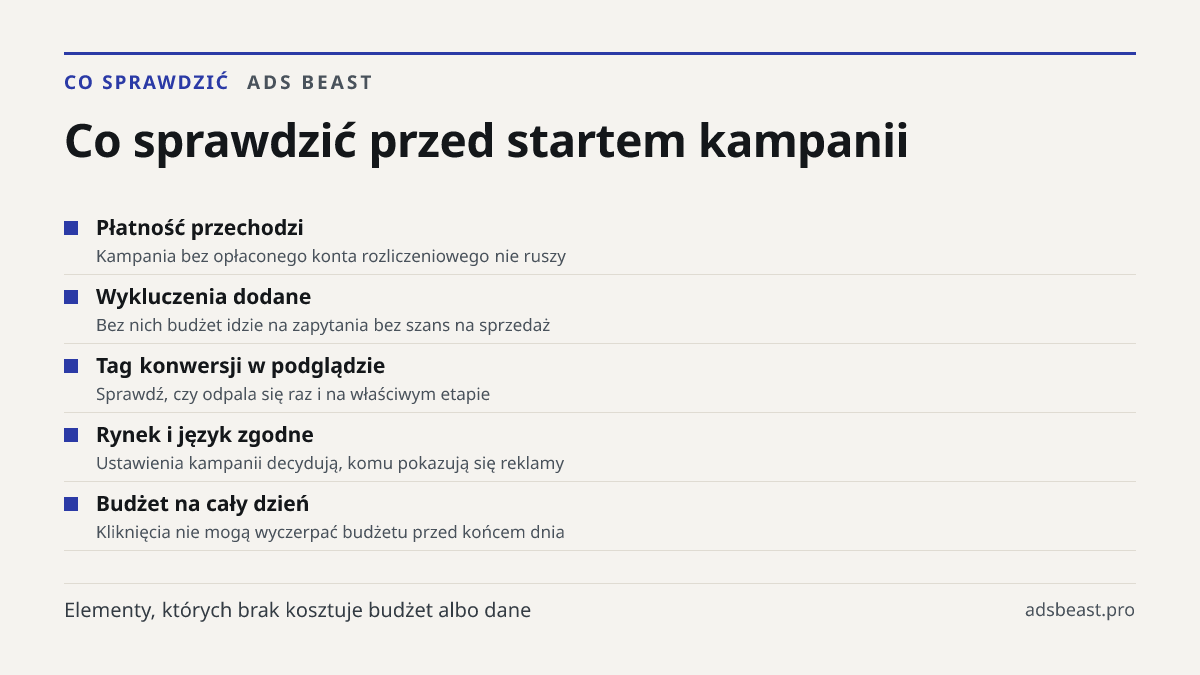 Co sprawdzić przed startem kampanii. Płatność przechodzi: Kampania bez opłaconego konta rozliczeniowego nie ruszy; Wykluczenia dodane: Bez nich budżet idzie na zapytania bez szans na sprzedaż; Tag konwersji w podglądzie: Sprawdź, czy odpala się raz i na właściwym etapie; Rynek i język zgodne: Ustawi