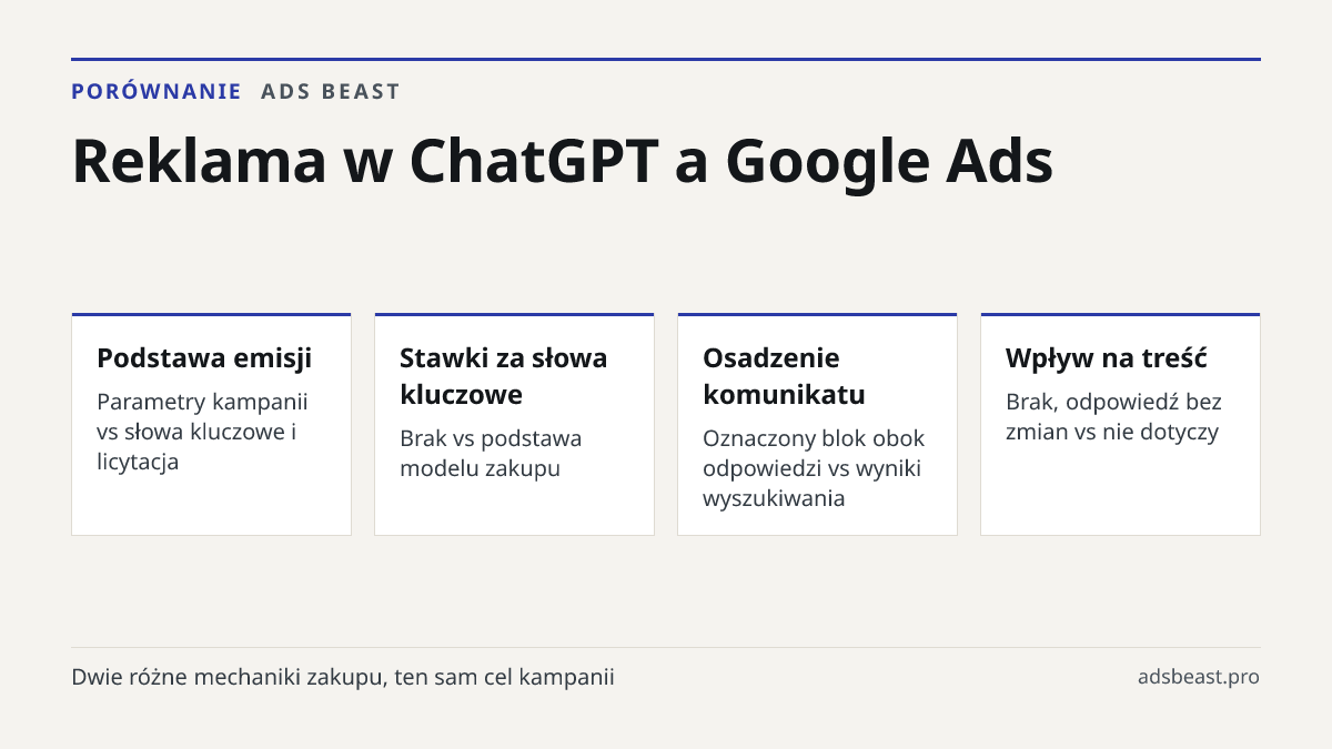 Reklama w ChatGPT a Google Ads. Podstawa emisji: Parametry kampanii vs słowa kluczowe i licytacja; Stawki za słowa kluczowe: Brak vs podstawa modelu zakupu; Osadzenie komunikatu: Oznaczony blok obok odpowiedzi vs wyniki wyszukiwania; Wpływ na treść: Brak, odpowiedź bez zmian vs nie dotyczy
