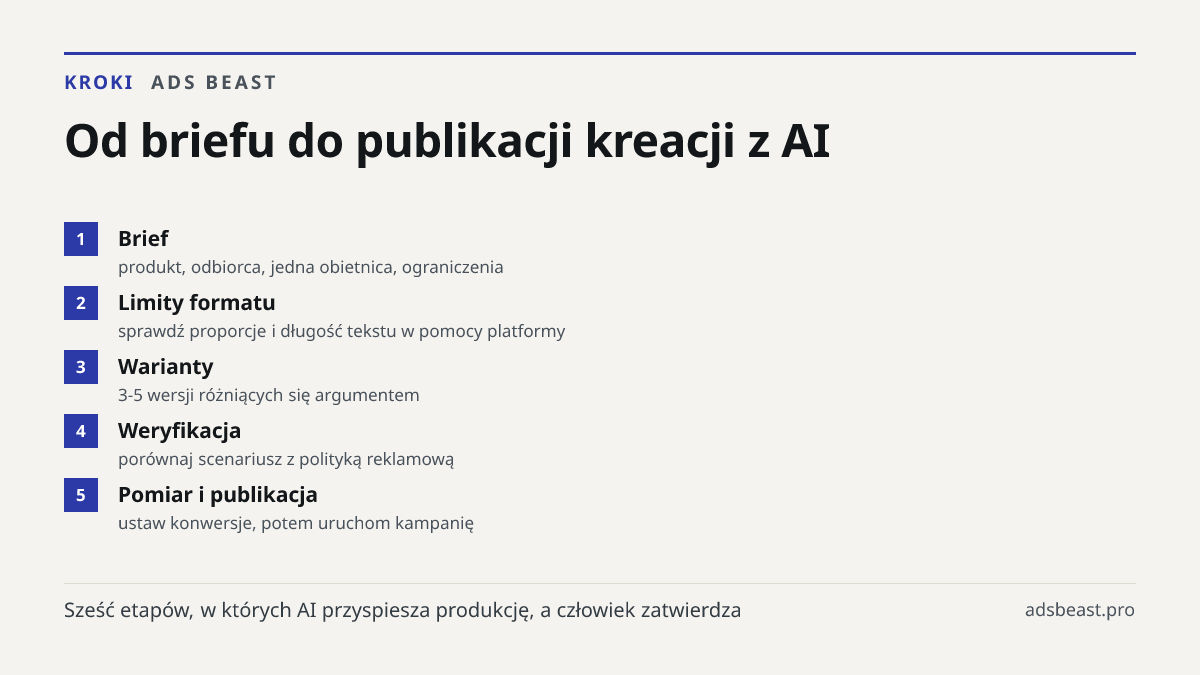 Od briefu do publikacji kreacji z AI. Brief: produkt, odbiorca, jedna obietnica, ograniczenia; Limity formatu: sprawdź proporcje i długość tekstu w pomocy platformy; Warianty: 3-5 wersji różniących się argumentem; Weryfikacja: porównaj scenariusz z polityką reklamową; Pomiar i publikacja: ustaw konw