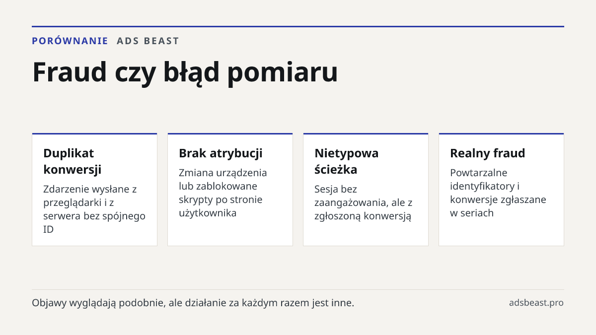 Fraud czy błąd pomiaru. Duplikat konwersji: Zdarzenie wysłane z przeglądarki i z serwera bez spójnego ID; Brak atrybucji: Zmiana urządzenia lub zablokowane skrypty po stronie użytkownika; Nietypowa ścieżka: Sesja bez zaangażowania, ale z zgłoszoną konwersją; Realny fraud: Powtarzalne identyfikatory 