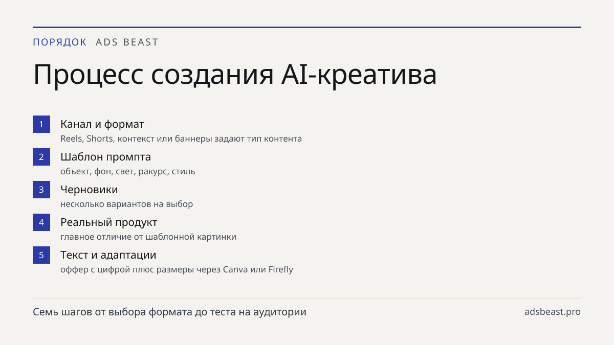 Процесс создания AI-креатива. Канал и формат: Reels, Shorts, контекст или баннеры задают тип контента; Шаблон промпта: объект, фон, свет, ракурс, стиль; Черновики: несколько вариантов на выбор; Реальный продукт: главное отличие от шаблонной картинки; Текст и адаптации: оффер с цифрой плюс размеры че